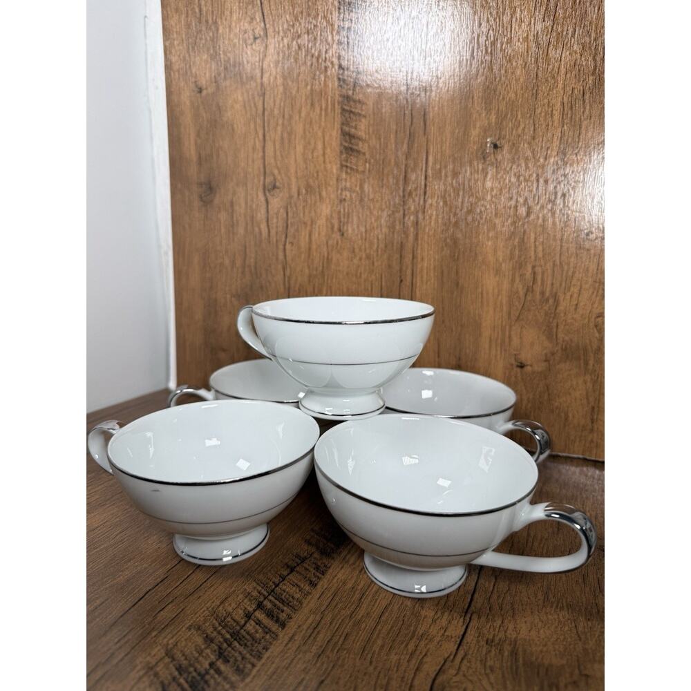 Mikasa Fine China Citation 5428 Tea / Coffee Cups Set Of 5 Platinum And White